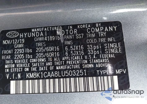 2020 Hyundai Kona Se z USA, uszkodzony, nr VIN KM8K1CAA8LU503251